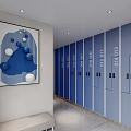 Kids Desk In Children's Activity Room With Blue Numbered Lockers And Decorative Painting