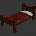Solid Wooden Bed Frame With Red Patterned Bedspread And White Pillow