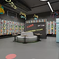 Arcade Playground Featuring Prize Redemption Area Shelves Filled With Prizes Neon Signs And Seating Tables