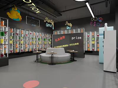 Arcade Playground Featuring Prize Redemption Area Shelves Filled With Prizes Neon Signs And Seating Tables 3d model