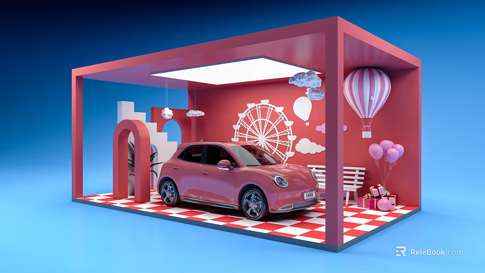 Colorful Display Booth With Pink Car Ferris Wheel Hot Air Balloon Gifts And Checkerboard Floor 3d model 