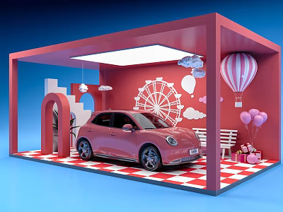 Colorful Display Booth With Pink Car Ferris Wheel Hot Air Balloon Gifts And Checkerboard Floor 3d model