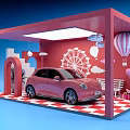 Colorful Display Booth With Pink Car Ferris Wheel Hot Air Balloon Gifts And Checkerboard Floor