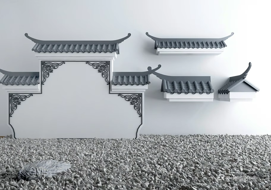 Traditional Chinese Garden Ornaments With Eave Shaped Wall Mounted Decor And Pebble Ground Stone 3d model 