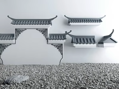 Traditional Chinese Garden Ornaments With Eave Shaped Wall Mounted Decor And Pebble Ground Stone 3d model