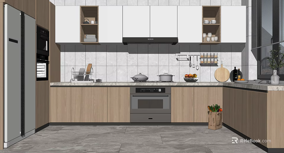 Modern Kitchen With Wooden Cabinets White Tiled Walls And Cooking Essentials 3d model 
