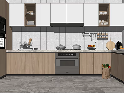 Modern Kitchen With Wooden Cabinets White Tiled Walls And Cooking Essentials 3d model