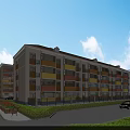 Multi Story Residential Building Featuring Colorful Walls Balconies Lawn Flower Beds Under Blue Sky Clouds