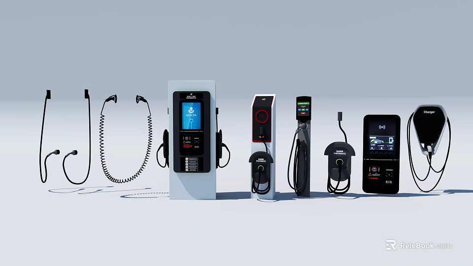 Electric Vehicle Chargers With Various Designs Digital Displays And Charging Cables 3d model 