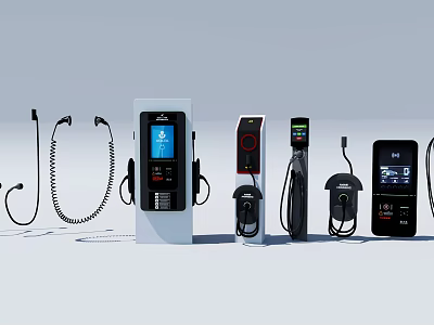 Electric Vehicle Chargers With Various Designs Digital Displays And Charging Cables 3d model