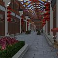 Traditional Chinese Commercial Street with Red Lanterns Decorative Ceiling and Pedestrians