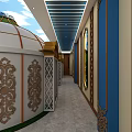 Traditional Hallway Interior With Round Ceiling Blue Patterned Ornament And Plants