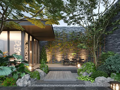 Courtyard Garden Design With Tall Trees Stone Wall Wooden Pathway Lush Plants And Outdoor Seating 3d model