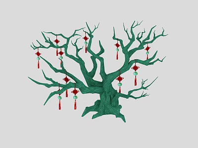 Festive Green Tree With Twisted Branches And Hanging Red Knot Decorations 3d model