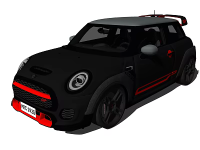 Black Mini Style Car With Red Accents Roof Spoiler And Alloy Wheels 3d model