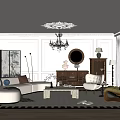 Elegant Modern Living Room Interior With Chandelier Round Mirror Sofa Coffee Table And Rug