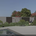 Modern Garden Landscape Design With Perforated Walls Red Maple Trees Shrubs And Crane Statue