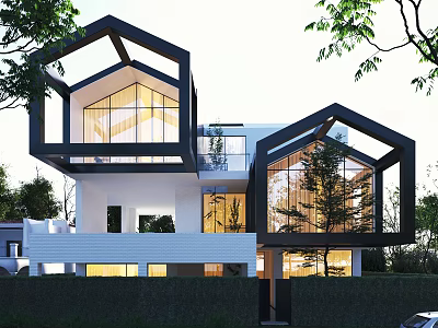 Modern Detached Villa With Large Glass Windows Black Frames White Exterior And Surrounding Trees 3d model