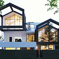 Modern Detached Villa With Large Glass Windows Black Frames White Exterior And Surrounding Trees