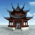 Traditional Chinese Pavilion With Curved Eaves And Two Tiered Wooden Roof In Open Square