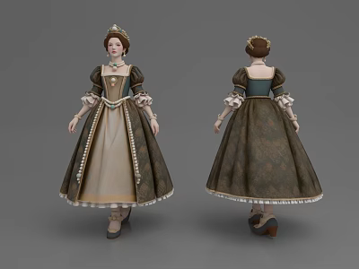 Woman in Vintage Historical Dress With Elaborate Headpiece Lace Cuffs And Ruffled Hem 3d model