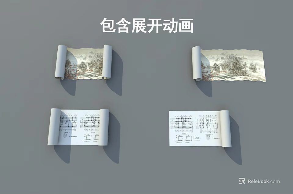 Traditional Scroll Unfolding Animation Design With Detailed Illustrations And Text 3d model