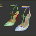 Fashionable Pink And White High Heels With Yellow Studs Pointed Toe And Ankle Straps