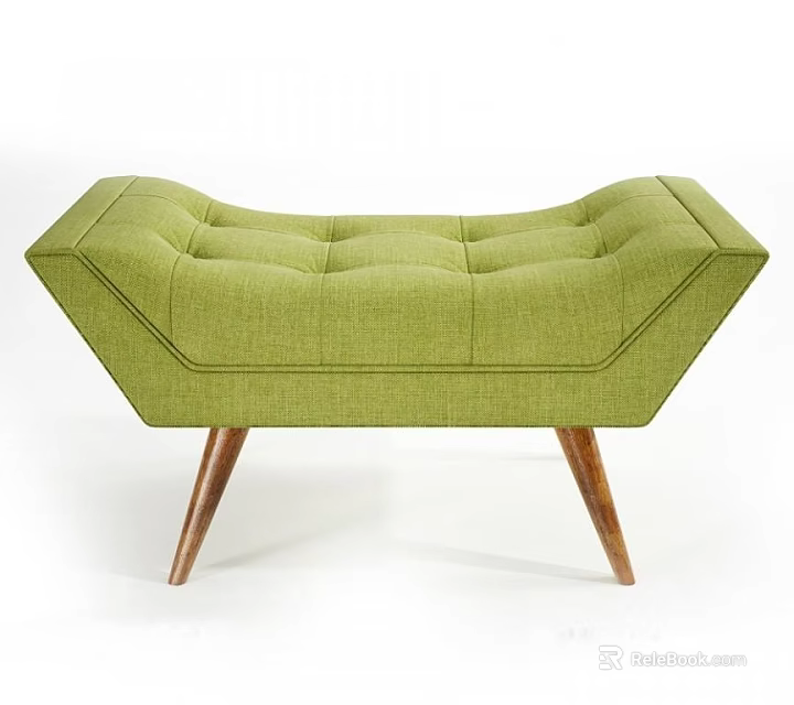 Modern Green Tufted Ottoman With Upholstered Seat And Wooden Legs Design 3d model 