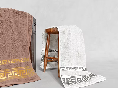 Brown And White Towels Featuring Greek Key Pattern Rolled And Draped On Stool 3d model