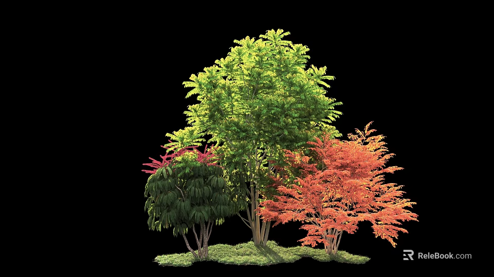 Various Trees with Green and Red Leaves Growing on Lush Grass 3d model 
