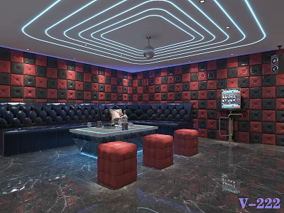 KTV Interior Design with Red Black Square Walls Leather Sofas and Neon Ceiling Lights 3d model