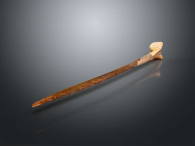 Ancient Human Crafted Tool Featuring Carved Creature Head And Wooden Shaft 3d model