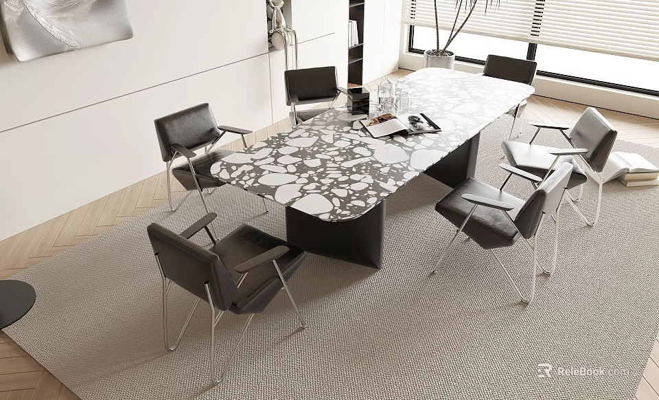Modern Dining Table Set With Marble Pattern Top And Black Chairs On Rug 3d model 