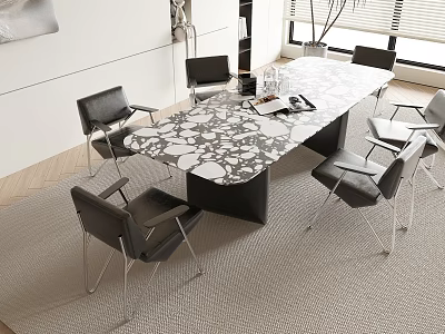 Modern Dining Table Set With Marble Pattern Top And Black Chairs On Rug 3d model