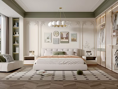 Modern Bedroom Interior Design With Plaster Molding Chandelier Wall Art And Area Rug 3d model