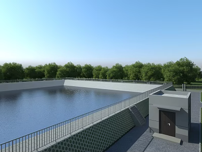 Industrial Factory Water Storage Facility With Metal Railing And Green Trees Background 3d model