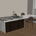 Modern Dining Table With Marble Countertop Sink Three Brown Chairs Light Colored Walls And Window