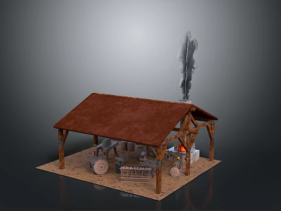 Ancient Hut Scene With Brown Roof Wooden Frames Sandy Ground Smoking Fire And Ancient Tools 3d model