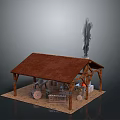 Ancient Hut Scene With Brown Roof Wooden Frames Sandy Ground Smoking Fire And Ancient Tools