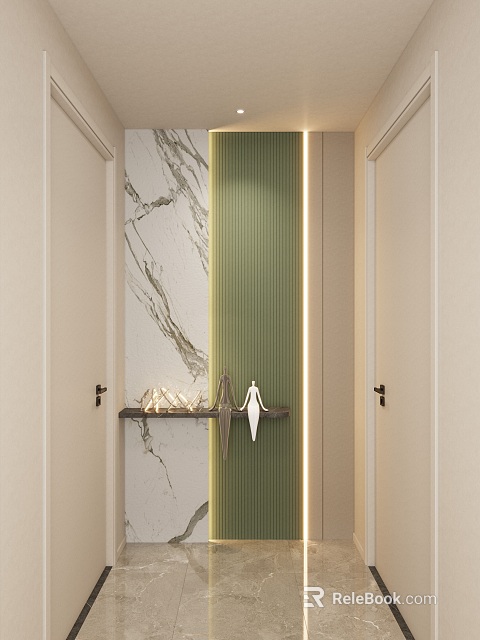 Modern Minimalist Foyer Hallway Design With Marble Wall Green Vertical Stripe And Shelf 3d model 