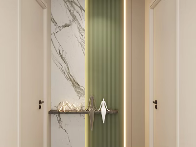 Modern Minimalist Foyer Hallway Design With Marble Wall Green Vertical Stripe And Shelf 3d model