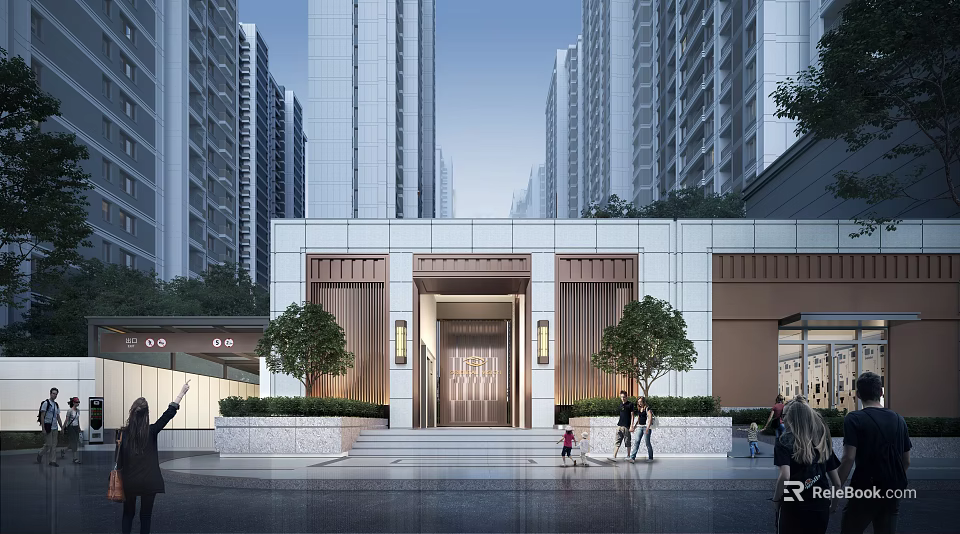 Modern Residential Entrance Gate with Stone Facade Lighting and High Rise Buildings 3d model 