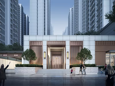 Modern Residential Entrance Gate with Stone Facade Lighting and High Rise Buildings 3d model