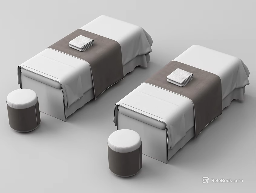 Two White Brown Upholstered Massage Beds With Matching Stools For Spa 3d model