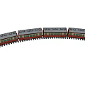 Red and Beige Train with Multiple Carriages Moving on Railroad Tracks 3d model
