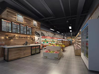 Modern Supermarket Interior With Fresh Fruit Vegetable Shelves Price Boards And Freezers 3d model