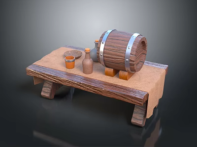 Wooden Bench With Cloth Featuring Wooden Barrel Silver Metal Hoops Small Bottles And Jar 3d model