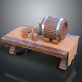 Wooden Bench With Cloth Featuring Wooden Barrel Silver Metal Hoops Small Bottles And Jar