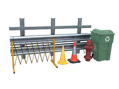 Roadside Facilities Including Guardrail Traffic Cones Fire Hydrant And Trash Bin 3d model