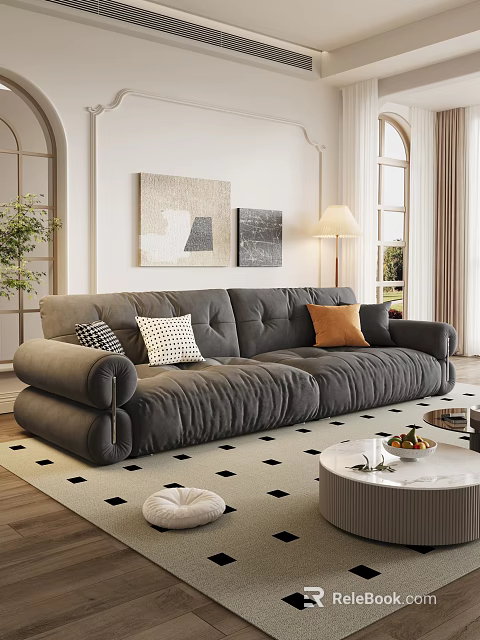 Modern Gray Sofa and Coffee Table Set with Colorful Cushions Round Table and Checkered Rug 3d model 